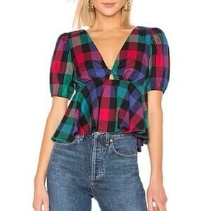 Tularosa Otis Black Multi Plaid Cropped Plunge Neckline Top women's size small‎